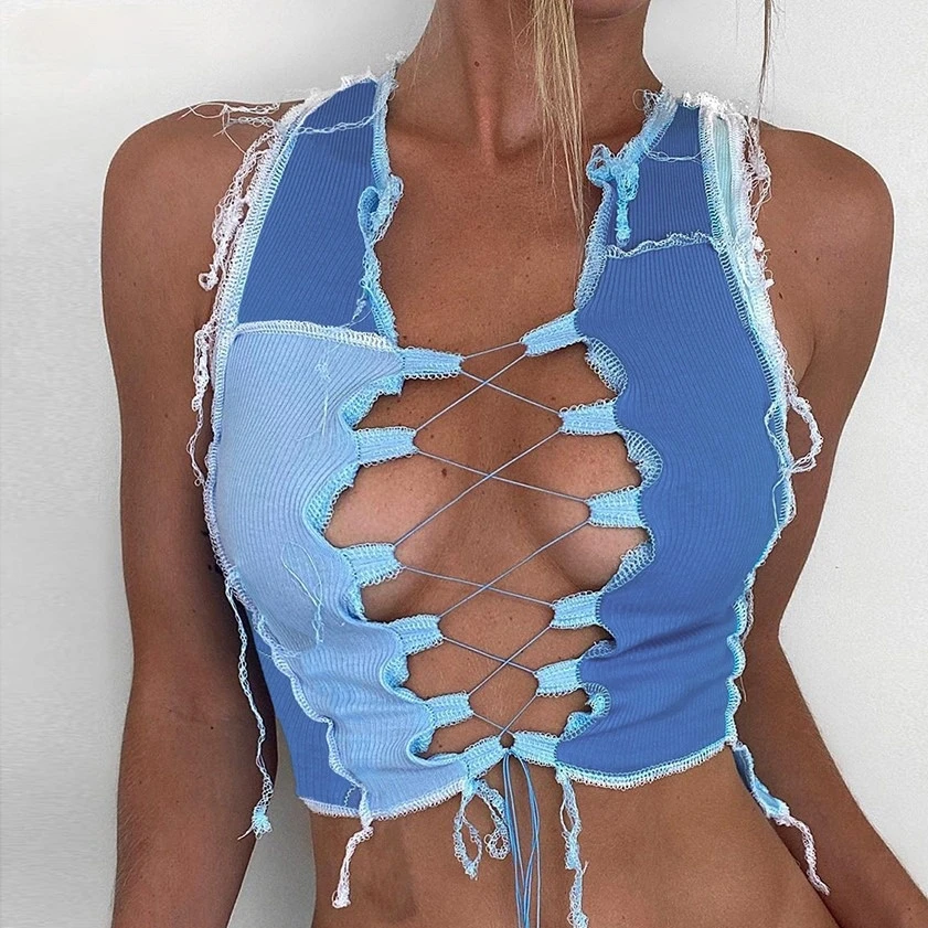 Сексуальный Бандаж с вырезами Женские майки топы шик в стиле панк ребристая