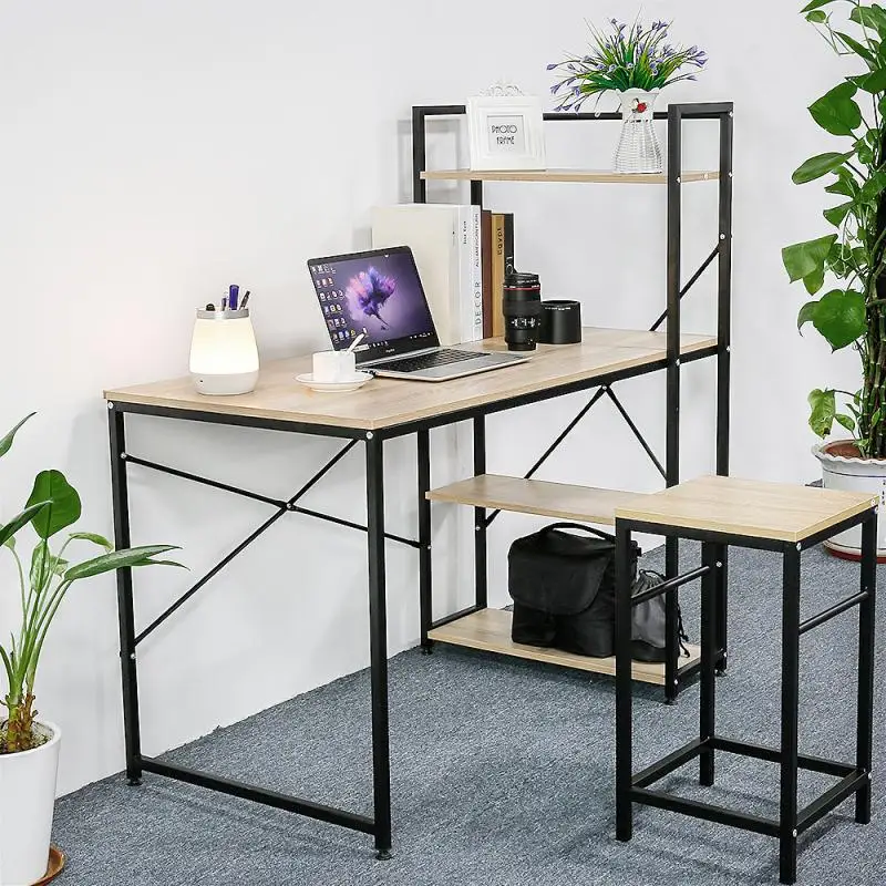 

Computer Desk With Bookshelf 120*64*121cm Desk Modern Style For Home Office Black And Light Oak Studying Work Bedroom Table Hwc