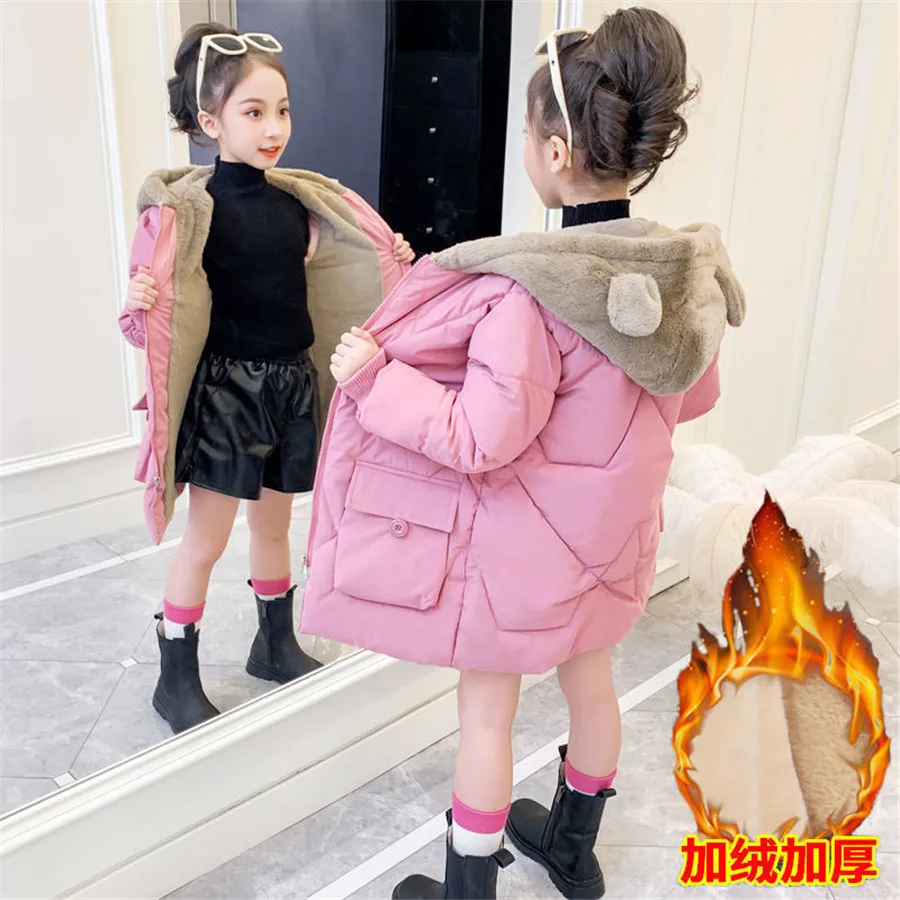 

Теплая зимняя куртка большого размера для девочек, симпатичная подкладка с медведем и сумкой, бархатная верхняя одежда с капюшоном для детей, детская ветровка