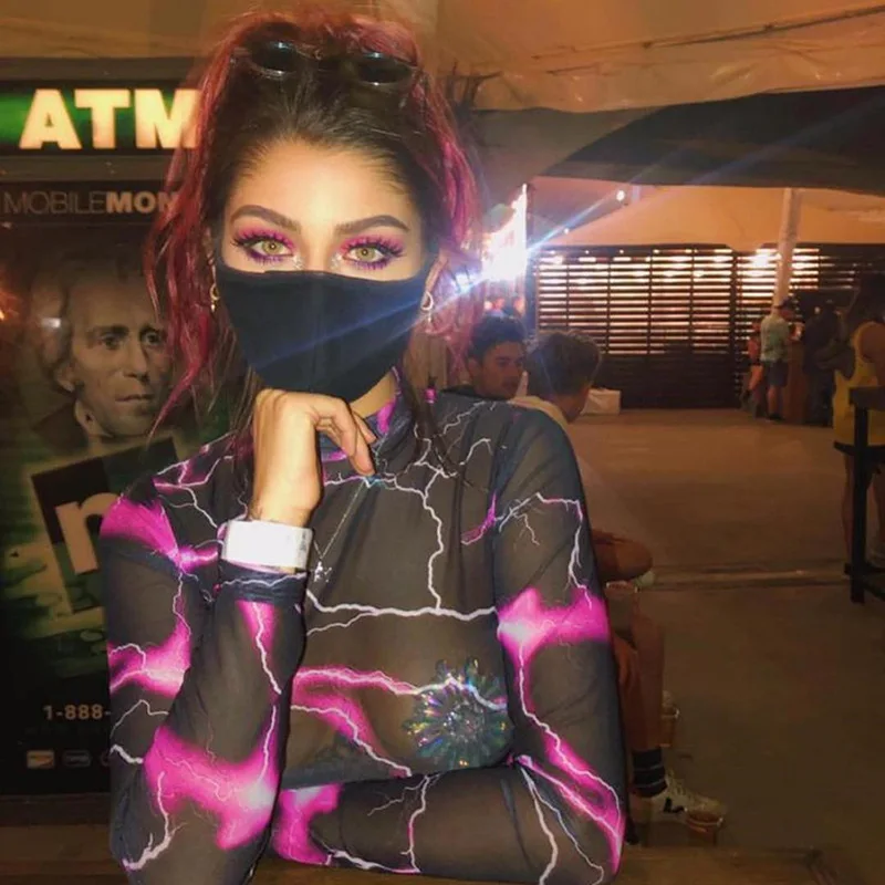 Модный женский комбинезон с принтом молнии осень 2019 сетчатый длинным рукавом