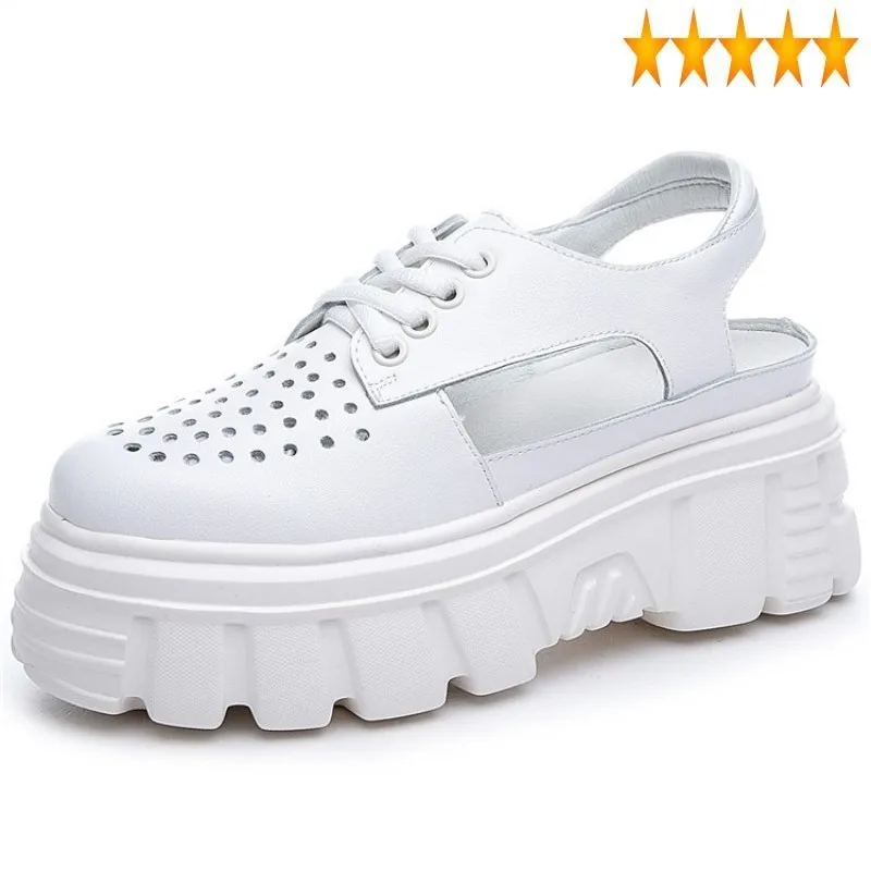 Fora do Verão Rendas até Senhoras Sandálias de Couro Zapatos de Mujer Feminino Grosso Plataforma Cunhas Brancas Sapatos Casuais Rua Oco