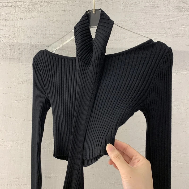 

GALCAUR Black Sweater For Women Turtleneck Long Sleeve Off Shouder Hollow Out Knitting Thin Sexy Sweaters Female 2020 New Tide