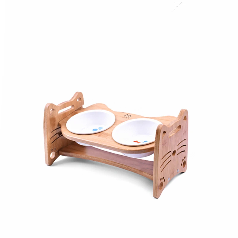 

Wooden Pet dining table Double Bowls Cat Tilted Feeders Kitten Dishes with Slope Bamboo Rack Puppy Drink Feeding Bowl HW035