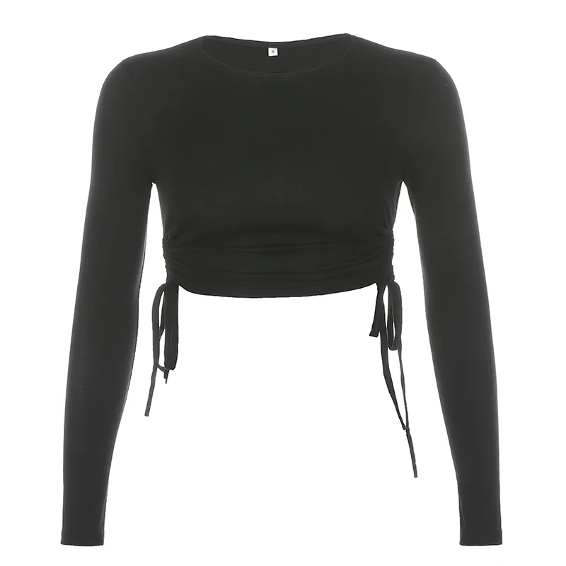 

Street Trend Round Neck Drawstring Slim Basic Long Sleeve T-Shirt Top New Autumn