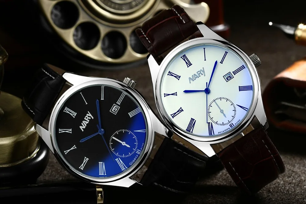 

New Fashion Casual Men's Watch Nary Top Brand Fashion Business Watch Auto Date Qaurtz Wristwatch Leather Band relogio masculino