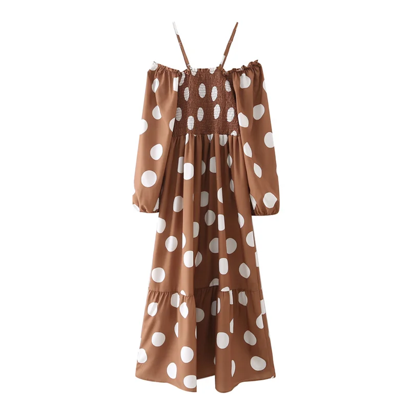 

Женское платье с открытыми плечами ZA, длинное ТРАПЕЦИЕВИДНОЕ платье в горошек с высокой талией и открытыми плечами, лето 2021