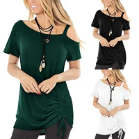 2021 summer new womens drawstring t shirt four seasons all match fashion trend short sleeve off the shoulder top