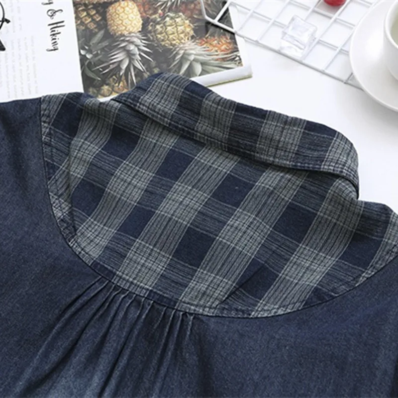 

New Arrival Women Denim Shirts Patchwork Plaid Long Sleeve Loose Plus Size 2021 Spring Autumn Tops Clothing Blusas Mujer 4XL