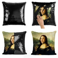 nicolas cage mona lisa sequin reversible color changing pillowcase pillow gift for her magic handmade decorative pillows