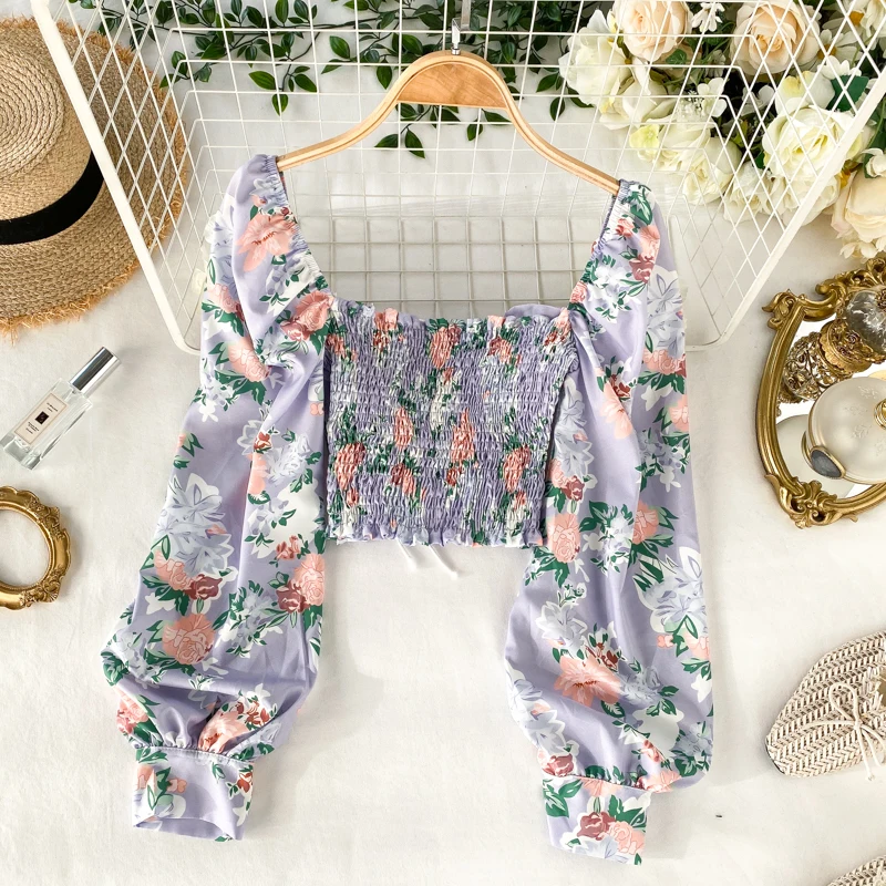 Новинка весны 2020 Женская винтажная облегающая блузка с цветочным принтом