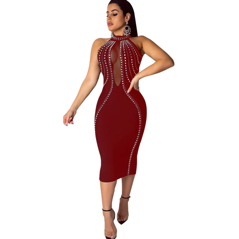 red dress Пикантные блестящие бриллиантовые прозрачные сетчатые вечерние облегающие платья для женщин, элегантная облегающая одежда для клуба с открытой спиной, платья, повседневная одежда, Vestidos - Цвет: red dress