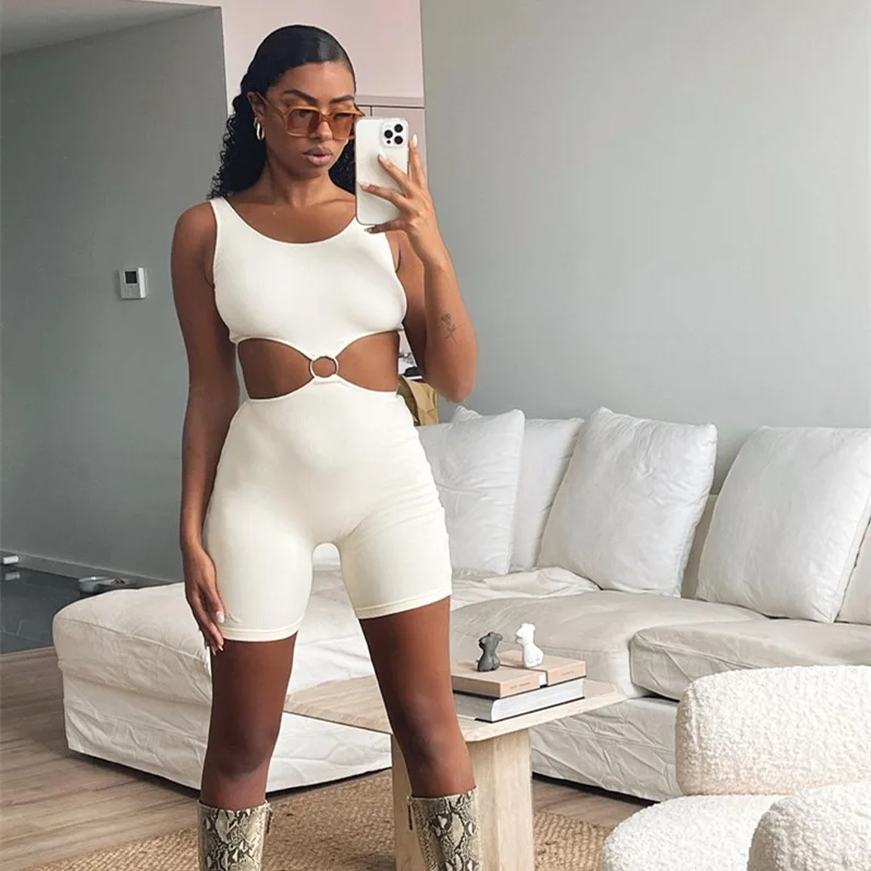 

Summer Solid Color Shorts One Piece Set Jumpsuit Outfits Active Wear Sleeveless Top Hollow
