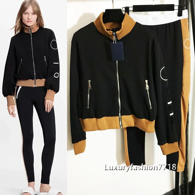 

Brand Sports two 2 piece set high end fashion Letter logo printed long sleeve zipper jacket + high waist elastic pants outfits