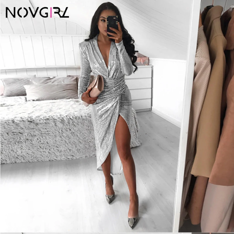 Novgirl глубокий v образный вырез присборенное облегающее вечерние платье Для