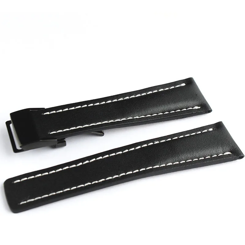 20mm 22mm 24mm Black Smooth Genuine Leather Strap Watch Band Deployment Clasp For Breitling Navitimer