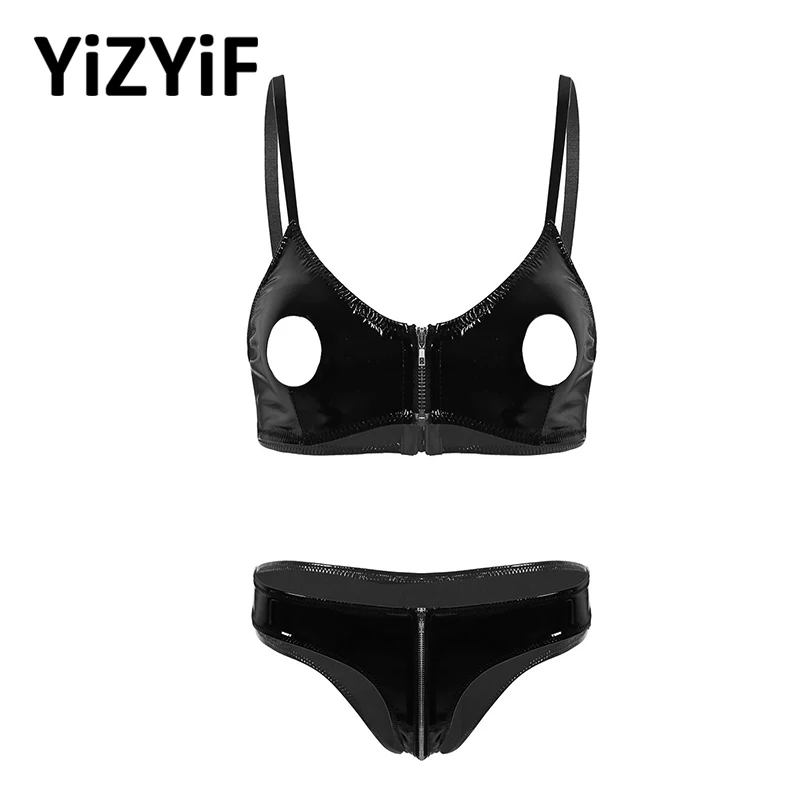 

Women Wet Look Patent Leather Sexy Lingerie Set Erotic Underwear Set Hollow Out Nipple Bra Zippered Crotch Panties Nightwear