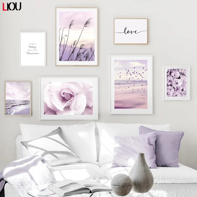 Картина холст фиолетовый sea purple pink peony seagull настенное искусство скандинавские