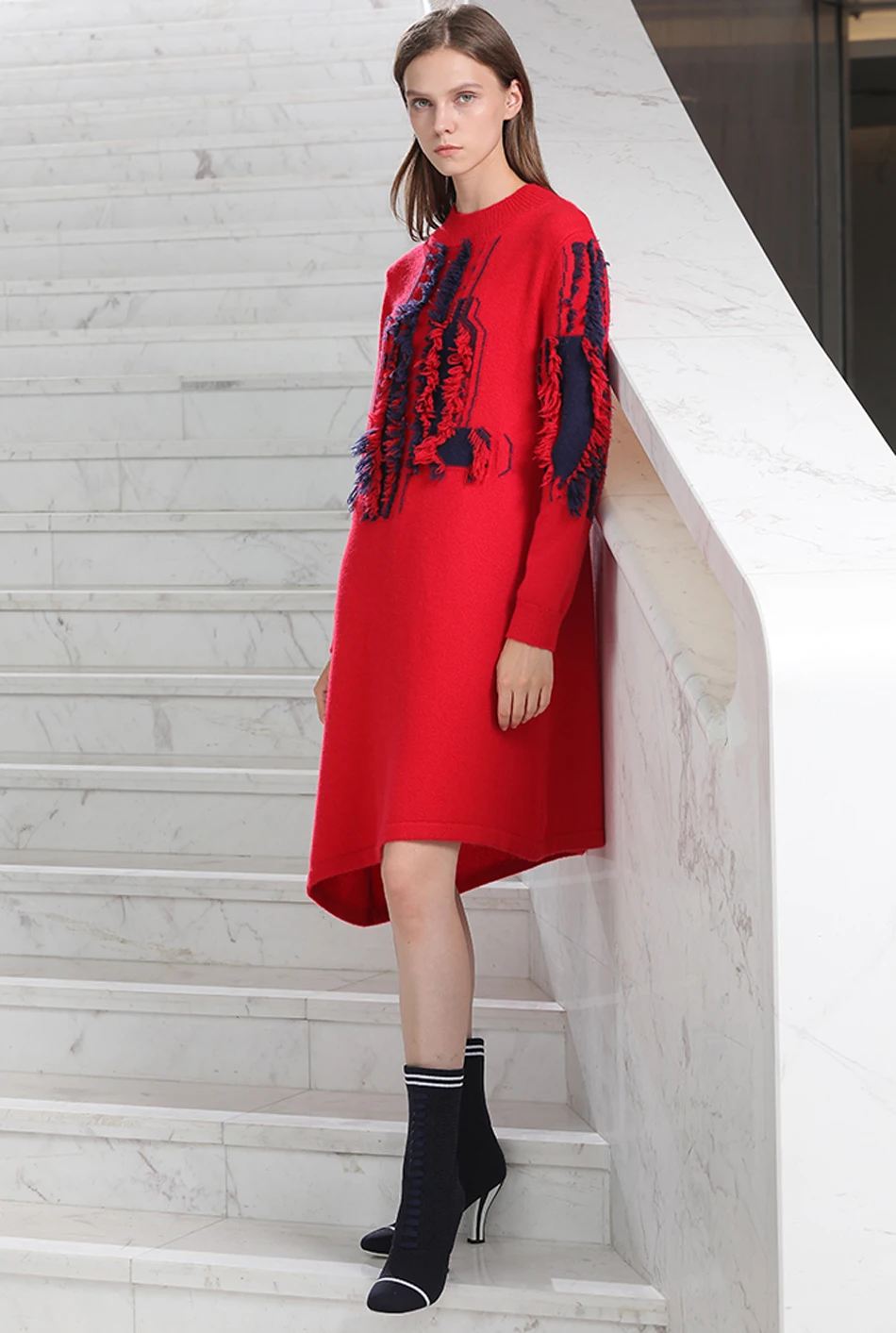 RONGFANGZI Inner Mongolian Cashmere Dress Women Pullover Ribbed Crewneck Cuffs Winter Thick 3 Gauge Knit in SlavaStore
