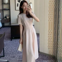 vintage solid chiffon long dress female summer 2021 new elegant one piece korean short sleeved split party dress casual dresses