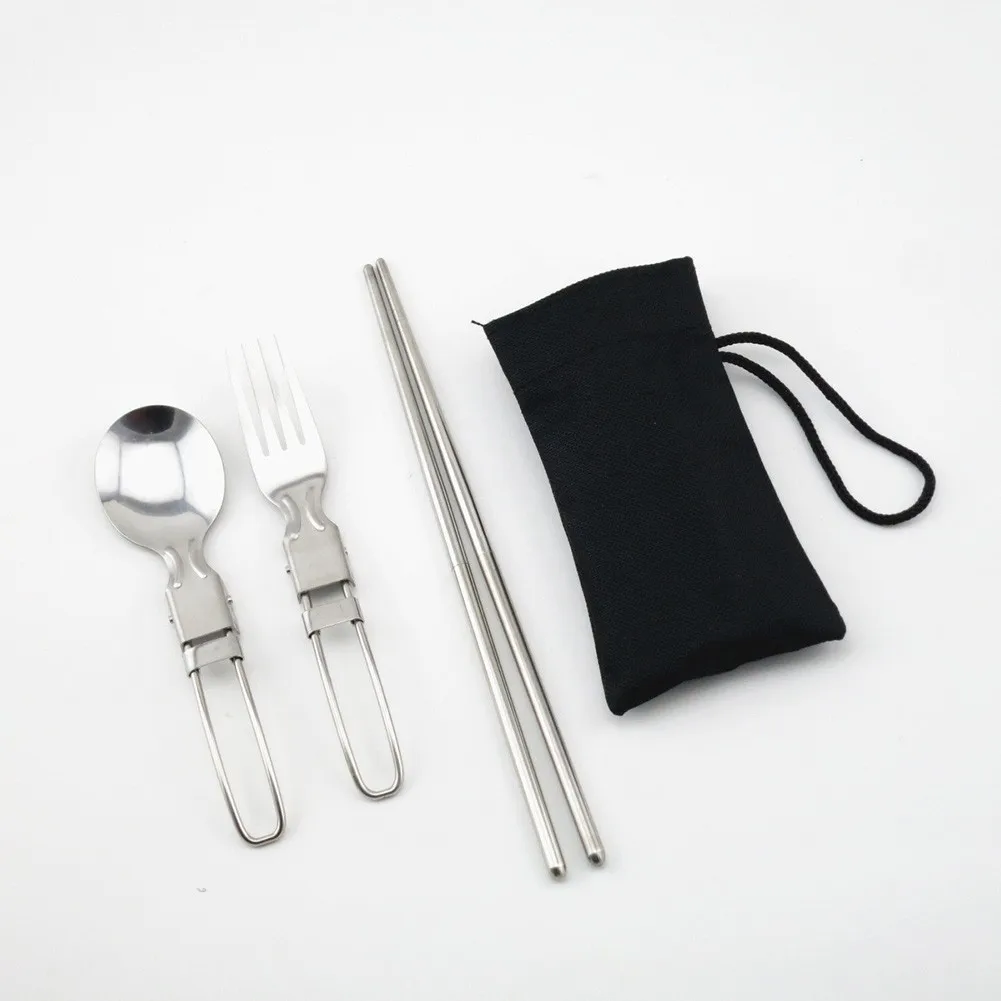 

3pcs Foldable Spoon Knives Fork Set Portable Outdoor Camping Picnic Cutlery Set Stainless Steel Outdoor Tableware + Bag
