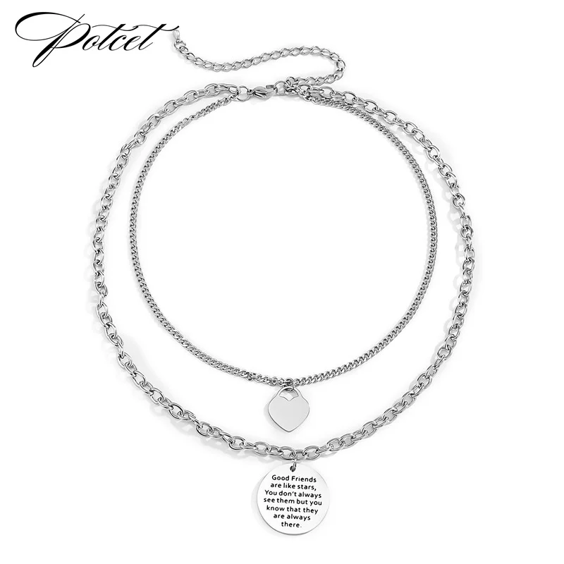 

POTCET Unisex Stainless Steel Peach Heart Letter Double Titanium Steel Necklace Pendant Geometric Fashion Hip Hop Party Jewelry