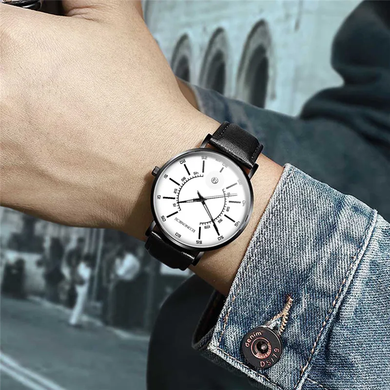 Трендовые мужские часы кварцевые черные кожаные с календарем персональный