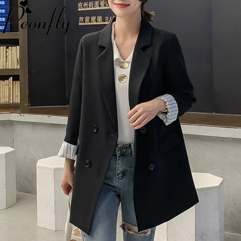 

PEONFLY 2019 Autumn Loose Women Cardigan Jacket Casual Blazer Double Breasted Notched Ladies Blazer Coat Hot Sale Fashion