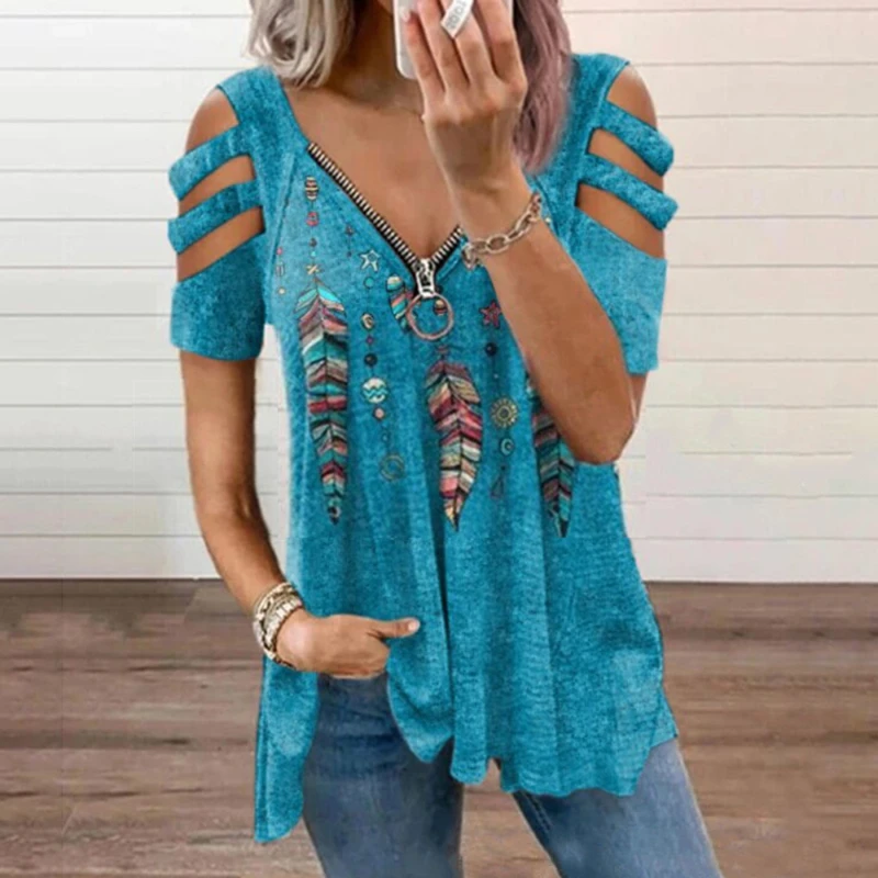 

Fashion Print T Shirt Womens V-neck Collar Zipper Color Short Sleeve Off-shoulder Casual Tshirts Camisetas De Mujer