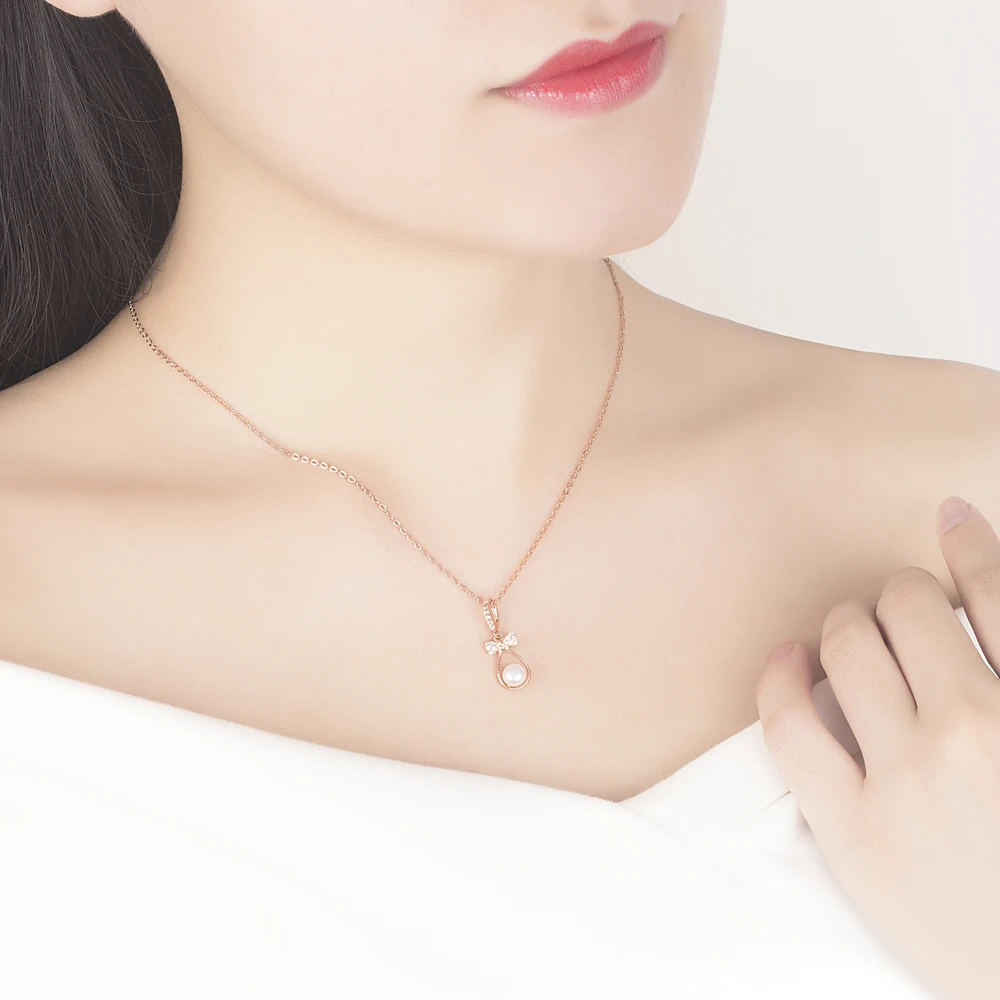 Цепочка Из серебра 100% пробы с кулоном-бантом и искусственным жемчугом | Украшения