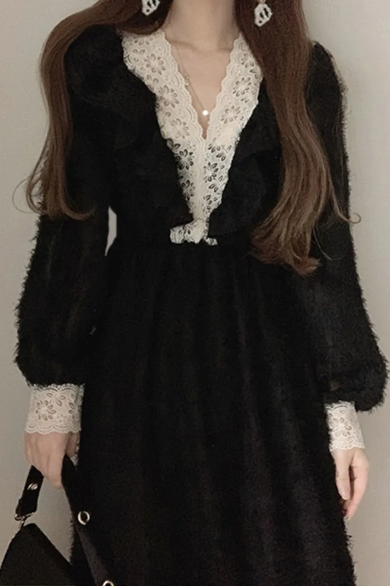 

2021 New Spring Women's Retro V-neck Lace Collar Long Bubble Sleeve Furry Dress High Waist Vintage Long Dress Sweet Girl