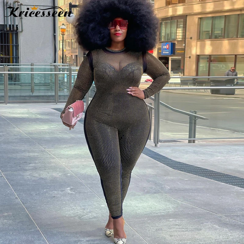

Сексуальный черный сетчатый комбинезон Kricesseen с кристаллами, новинка, женский прозрачный комбинезон с высокой эластичностью и длинным рука...