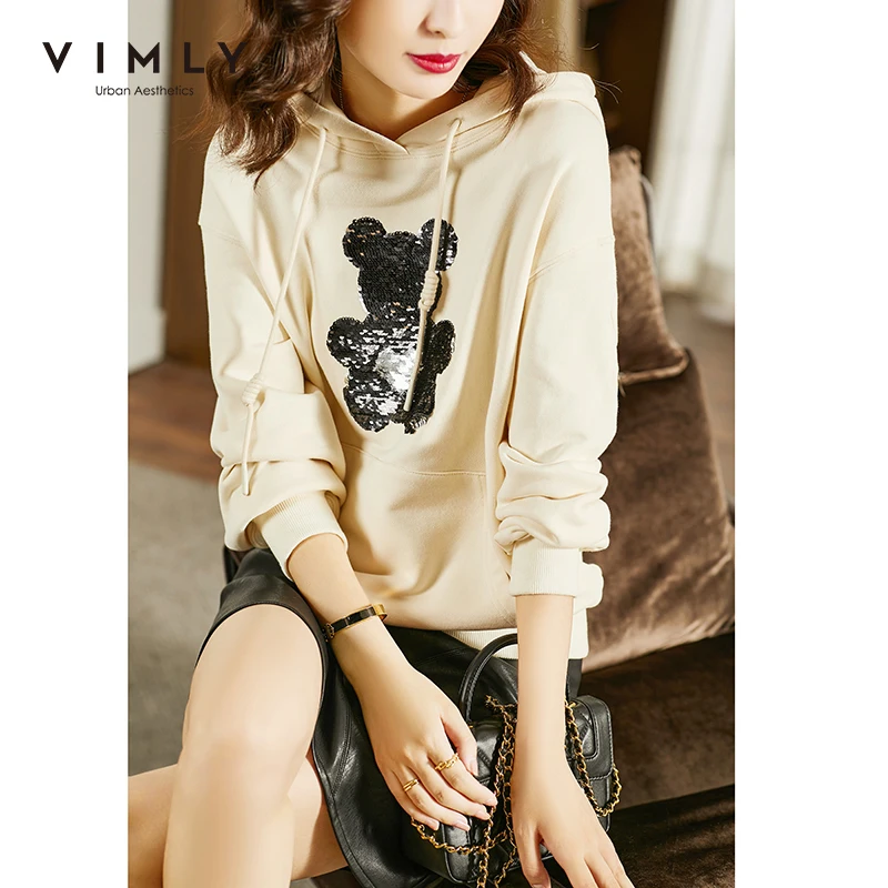 

Vimly Fashion Women Sweatshirt Casual Hoodies Loose Autumn Clothes Sequins Bear Cult Sweatshirts Female Pullover Moletom F9799