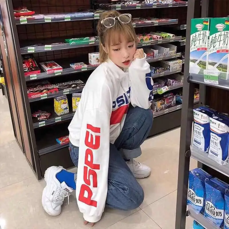 Ulzzang уличный стиль, толстовка на молнии, большие размеры, женская одежда Kpop, осень, Pepsi, графический Укороченный свитшот, женские белые топы