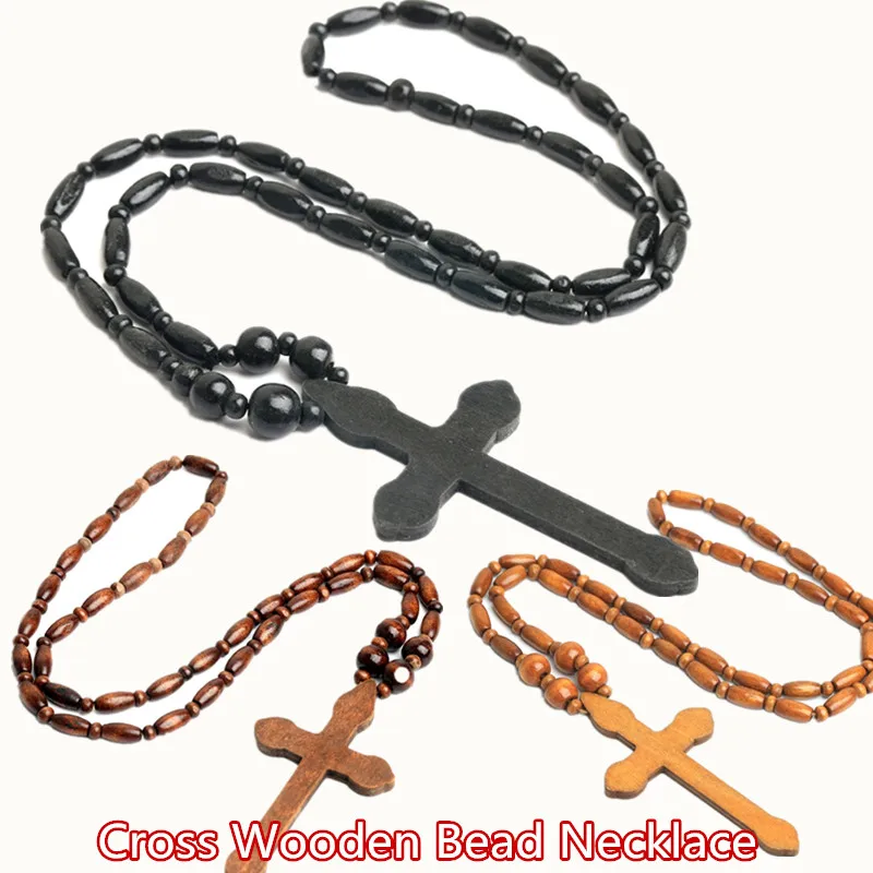 

Handmade 3colors Religious Jewelry Catholic Jesus Punk Rosary Necklace Wooden Oval Bead Cross Wooden Bead Cross Pendant Necklace