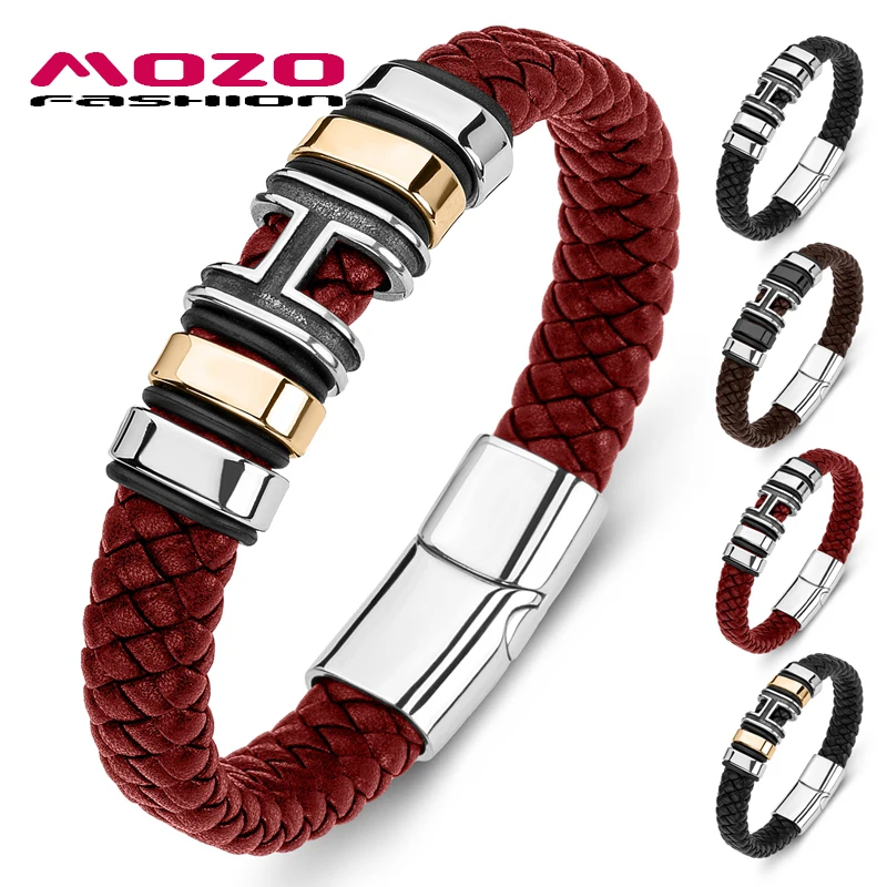 

MOZO FASHION Wild 2021 New Men Bracelets Braided Trendy Letter H Cuff Wholesale Punk Genuine Leather Bangle Women Jewelry 178