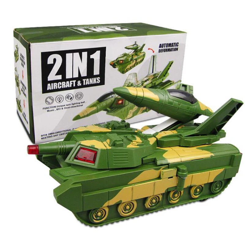 

New Children's Electric Tank Aircraft 2 in 1 Toys Automatic Deformation 360° Rotation Light Music Children Christmas Gift Toys