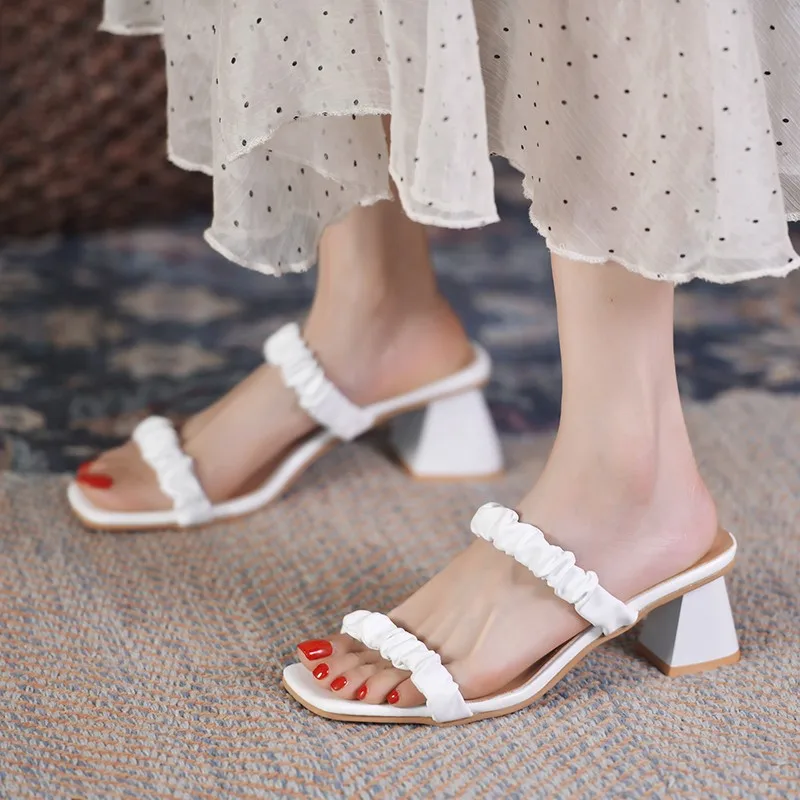 

Shoes Women Square Heel Rubber Flip Flops Slippers Casual Slides Mules Soft Block Luxury Pleated Ytmtloy House Zapatillas Casa