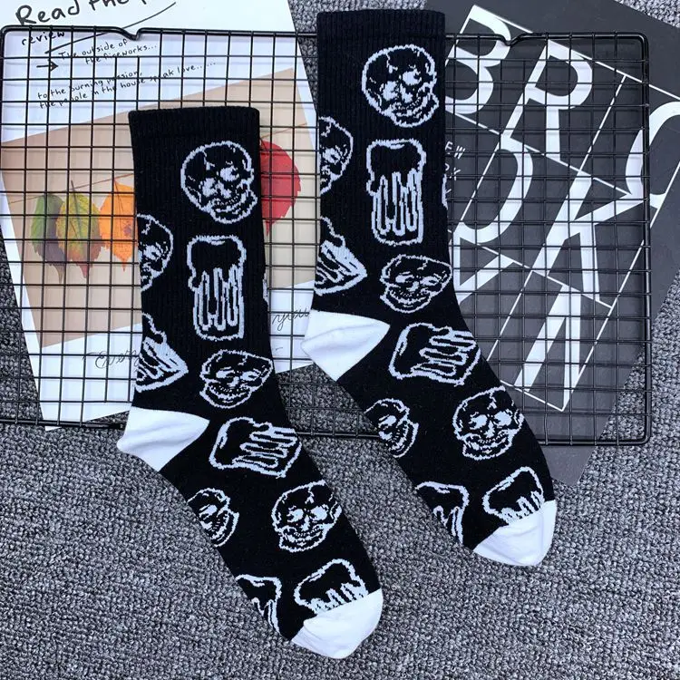 Black Skull Beer Модные хлопковые носки до середины голени для взрослых, череп, скелет, пиво, цвет, блокировка, черный, белый цвет, крушение, полный рост, человеческие кости, ура - Цвет: Black Skull Beer