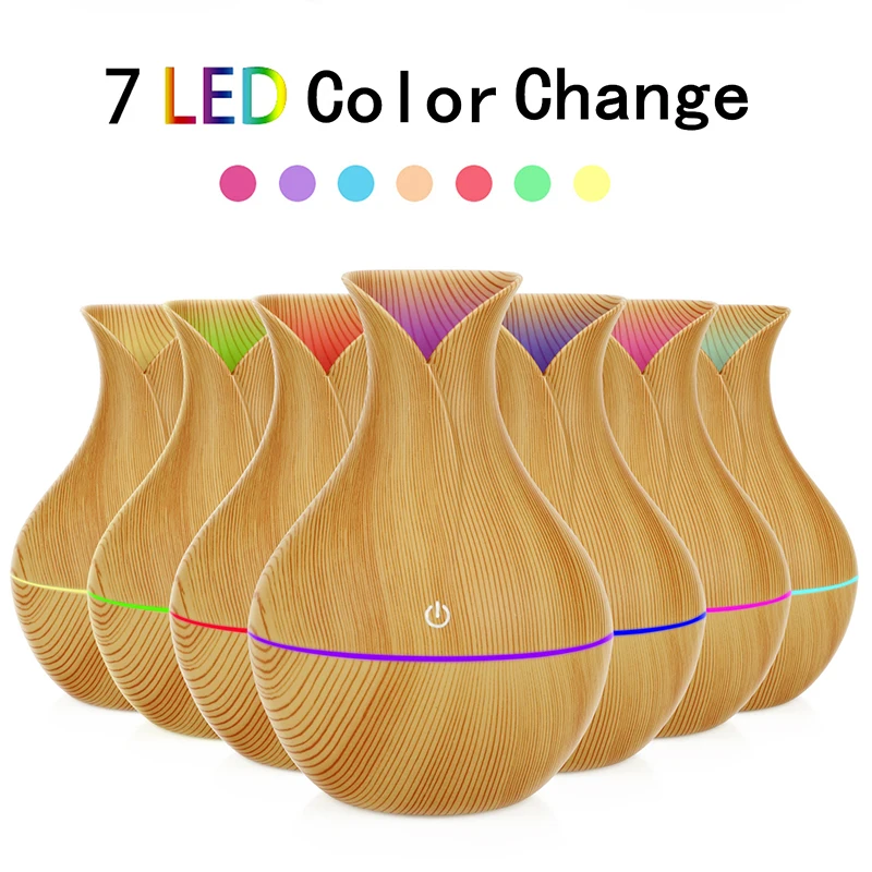 

Aromatherapy Humidifier Housing Vase Wood Grain 7 Led Night Light Gift 130ml Petal Nano Car Diffuser Vaporizador Aroma Diffuser