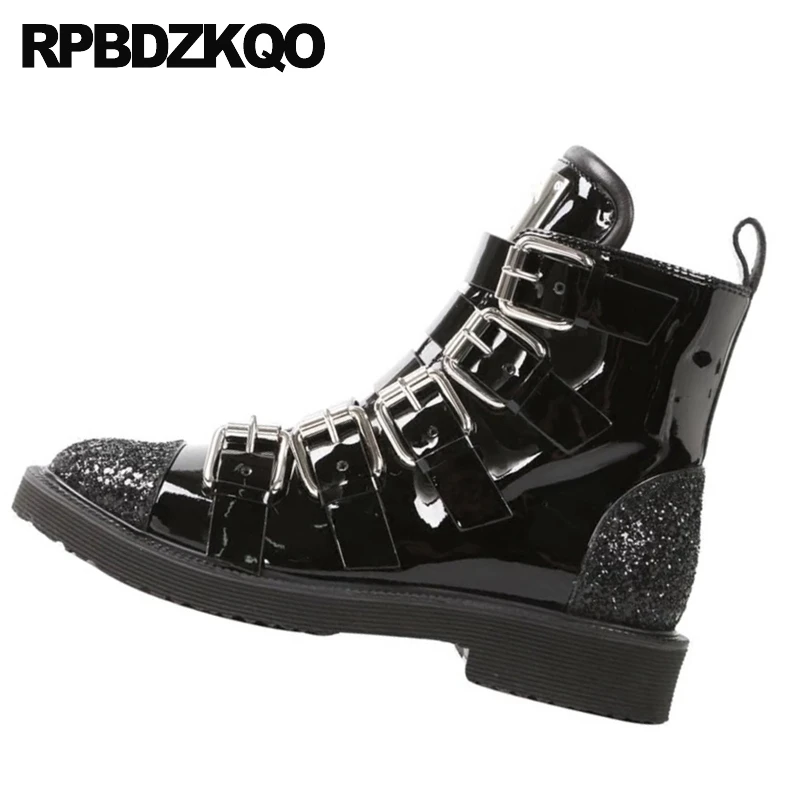 Ботинки женские из лакированной кожи байкерские мотоциклетные черные с