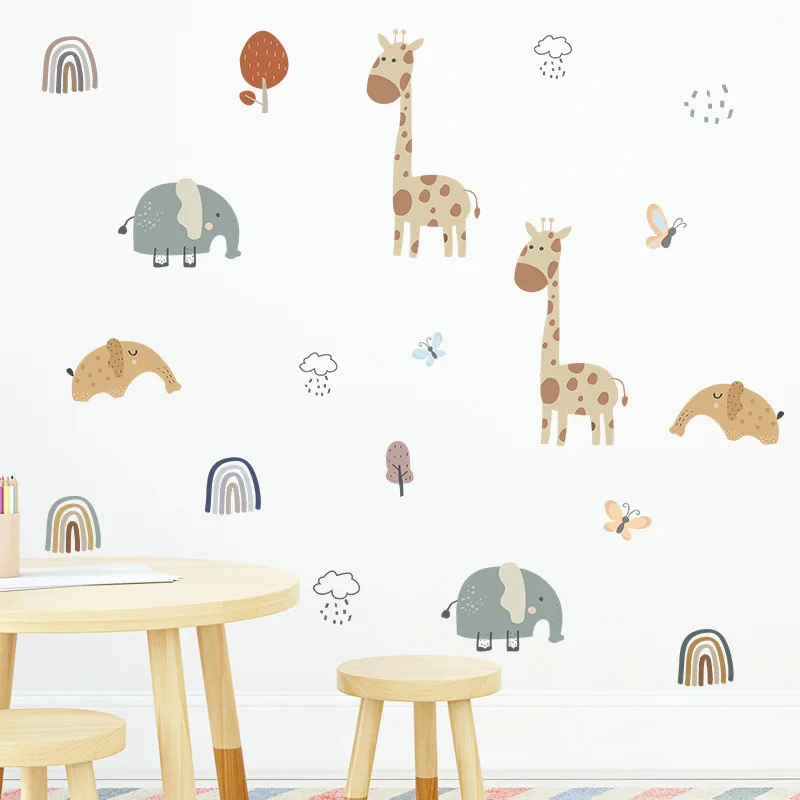 Cartoon Animals Wall Stickers For Baby Kids room Children Bedroom Decor Giraffe Elephant Decals Home Wallpapers | Дом и сад