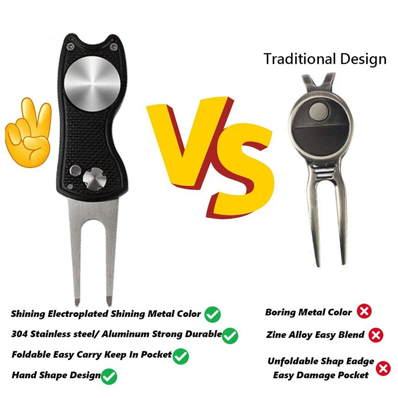 

New Sale 2Pcs Golf Turf Repair Tool Foldable Button Stainless Steel Switch and Detachable Golf Marker