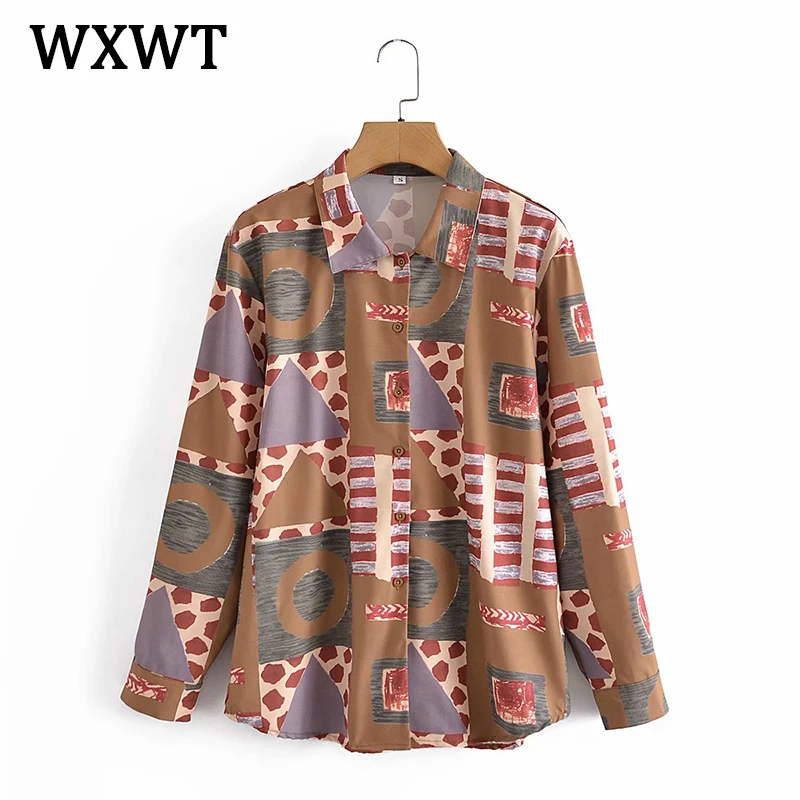 

WXWT Women Color Matching Pattern Turn-down Collar Blouse Shirt Long Sleeve Female Fashion Shirt Tops 2021 Spring AZ5078