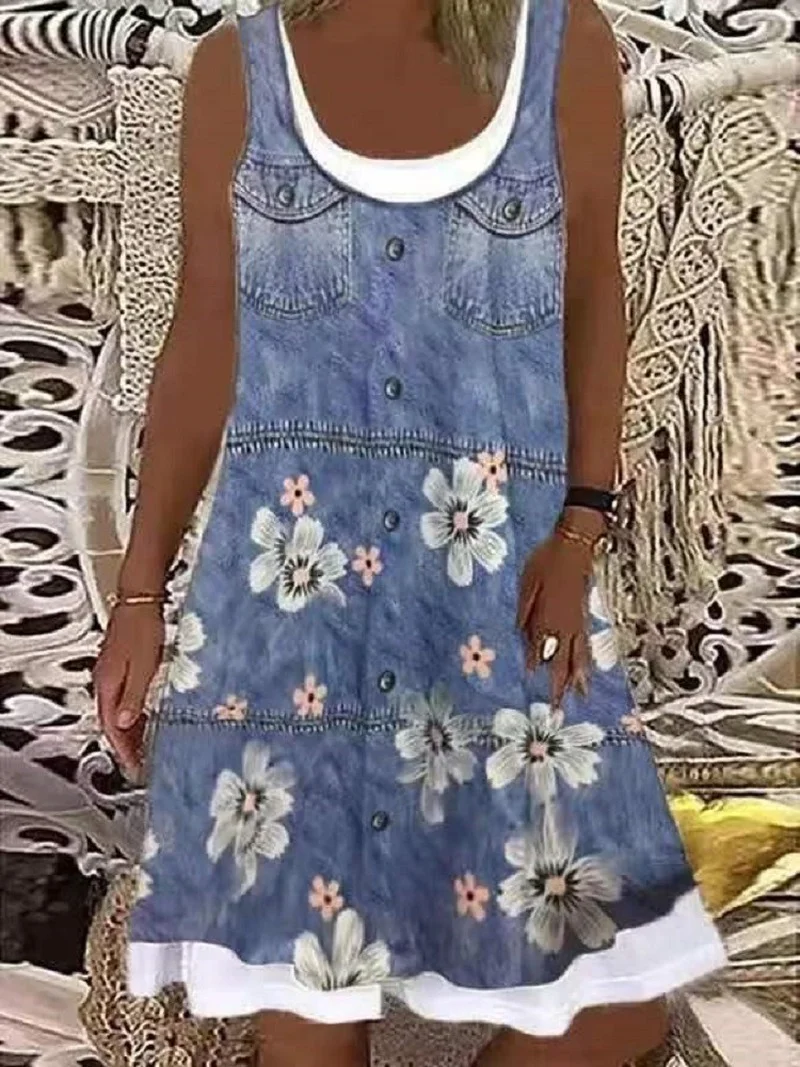 

Vintage Flower Print A-Line Dress 2021 Summer Casual Round Collar Party Dress Fashion Women Sleeveless Tank Loose Dress Vestido