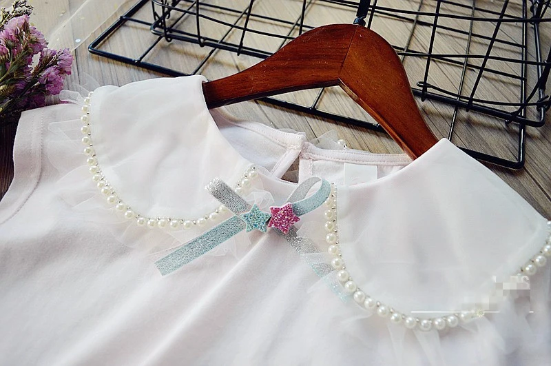 

Children'S Clothing Sets Girls Summer Korean Party Ladies Beads Lapel Blouse + Star Net Yarn Skirt 2pcs Princess Clothes 3-7Y
