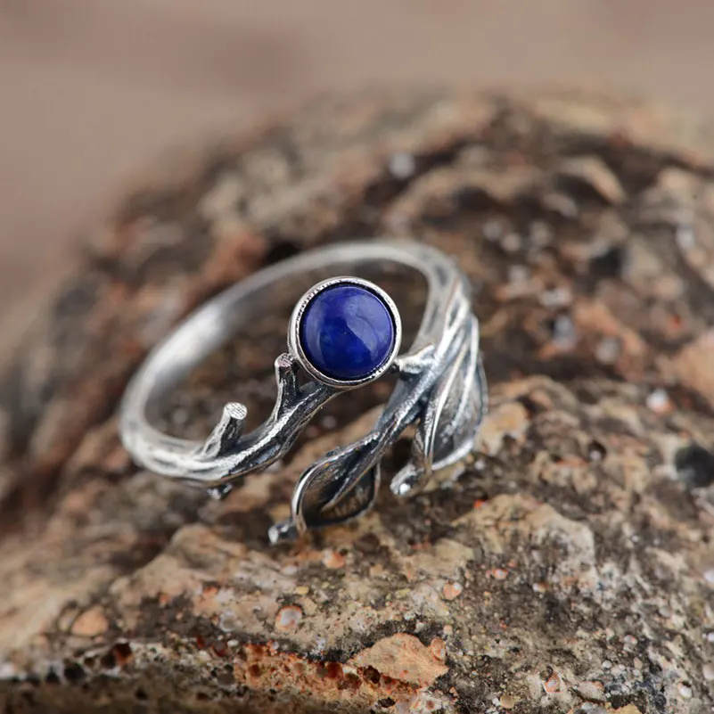 

FNJ 925 Silver Leaf Ring for Women Jewelry 100% Original Pure S925 Silver Sterling Rings Romantic Vintage Lapis Lazuli Red Agate
