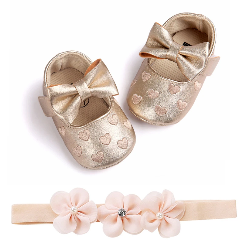 

Infant Baby Girls Heart-shaped Embroidery Bow Leather Shoes Fashion Soft Sole Non-Slip Toddler Shoe With Hairband Set 0-18M A20