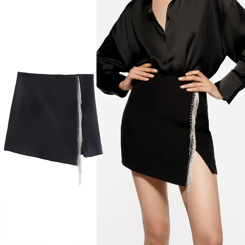 

Женская мини-юбка с кисточками Za, винтажная черная юбка с искусственным драгоценным камнем и высокой талией на молнии сбоку, 2021