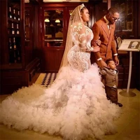 african plus size wedding dresses sheer long sleeve lace applique bridal gowns ruffles sweep train illusion robe de soir%c3%a9e