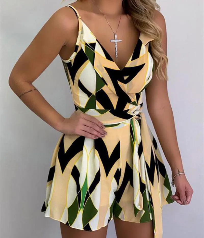 

Women's geometric print V-neck suspender jumpsuit shorts short romper jumpsuits for women 2021 women clothing playsuit